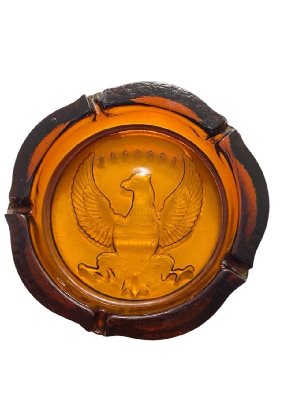 VINTAGE Amber Glass Eagle Ashtray 7 Stars Ca. 1950s MCM